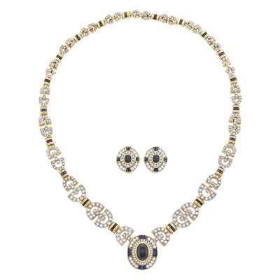 Lot 90 - Two-Color Gold, Sapphire and Diamond Necklace and Simulated Diamond and Sapphire Earrings