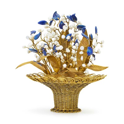 Lot 1217 - Gold, Low Karat Gold, Carved Lapis and Baroque Freshwater Pearl Flower Basket Objet
