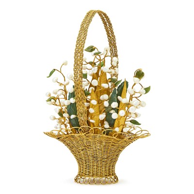 Lot 1219 - Gold, Low Karat Gold, Carved Nephrite and Green Agate and Freshwater Pearl Flower Basket Objet