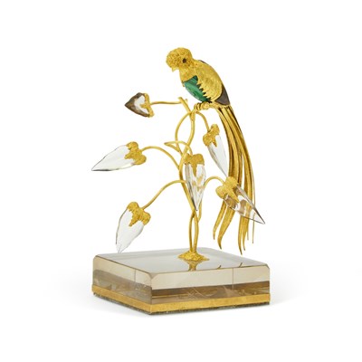 Lot 1222 - Gold, Smoky Quartz, Malachite, Rock Crystal and Opal  Bird Objet