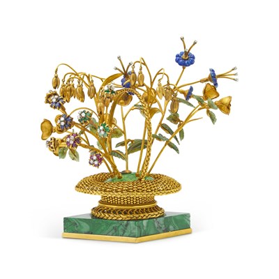 Lot 1220 - Gold, Malachite, Enamel, Gem-Set, Carved Hardstone and Diamond Flower Basket Objet