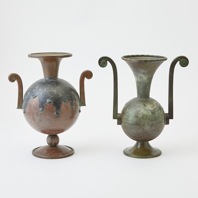 Lot 754 - Two Swedish Art Deco Patinated Bronze or Patinated Copper Two-Handled Vases