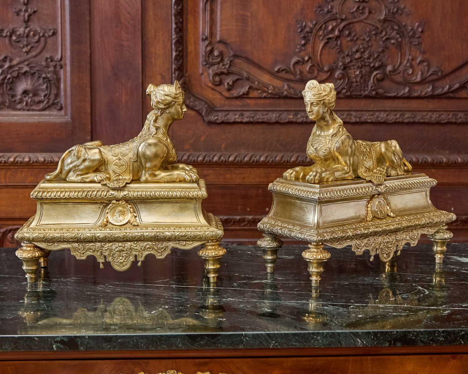 Lot 326 - Pair of Louis XIV Style Bronze Sphynx Chenets