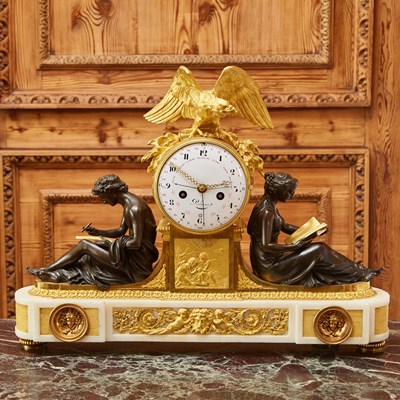 Lot 239 - Louis XVI Gilt and Patinated-Bronze and White Marble Figural Mantel Clock