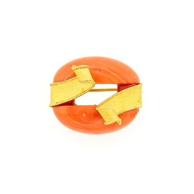 Lot 1191 - Gold and Coral Clip Brooch