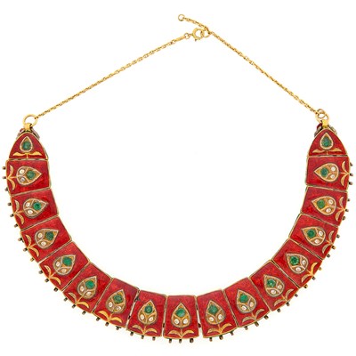 Lot 1198 - Indian Gold, Silver, Jaipur Enamel, Emerald and Simulated Diamond Link Necklace with Chain