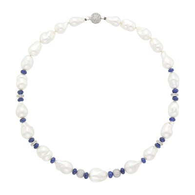 Lot 1211 - Baroque South Sea Cultured Pearl, Sapphire Bead, White Gold and Diamond Necklace