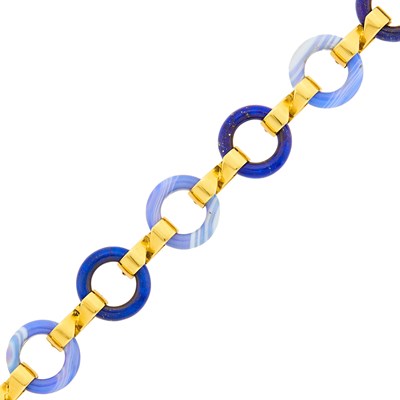 Lot 1190 - Gold, Lapis and Blue Agate Link Bracelet with Toggle Clasp