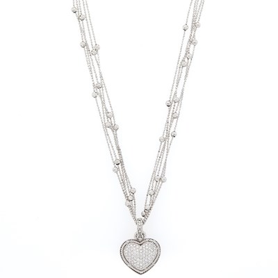 Lot 1208 - White Gold and Diamond Heart Enhancer with Five Strand White Gold Bead Chain Necklace
