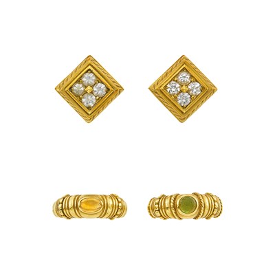 Lot 1234 - Pair of Gold and White Sapphire Earclips and Pair of Vahe Naltchayan Gold and Cabochon Citrine and Peridot Rings