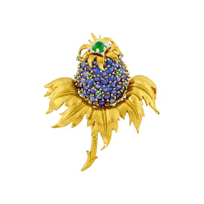 Lot Tiffany & Co., Schlumberger Gold, Sapphire and Emerald Pineapple Clip-Brooch