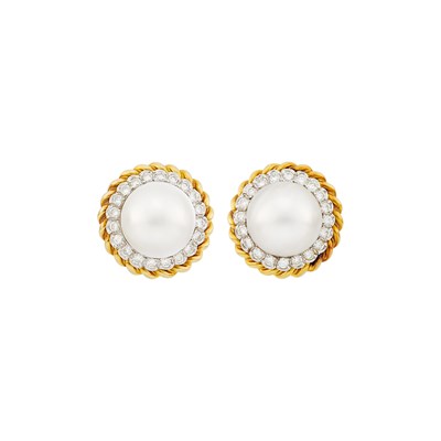 Lot 154 - Tiffany & Co. Pair of Two-Color Gold, Mabé Pearl and Diamond Earclips