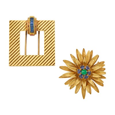 Lot 1064 - Tiffany & Co. Two Gold, Sapphire and Emerald Brooches