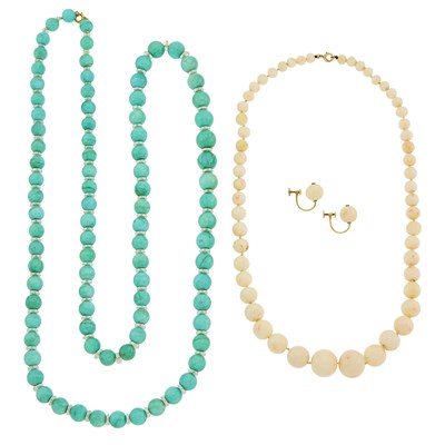 Lot 1284 - White Coral Bead Necklace and Pair of Earclips and Amazonite and Rock Crystal Bead Necklace