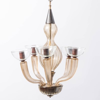Lot 787 - Venini Gilt and Chrome-Plated Metal and Ribbed Blown Glass Six-Light Chandelier