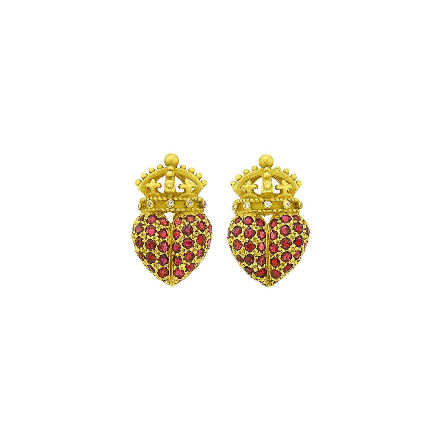 Lot 82 - Barry Kieselstein-Cord Pair of Gold, Ruby and Diamond Heart and Crown Earrings