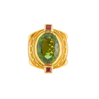 Lot 1207 - Gold, Tourmaline, Ruby and Diamond Ring