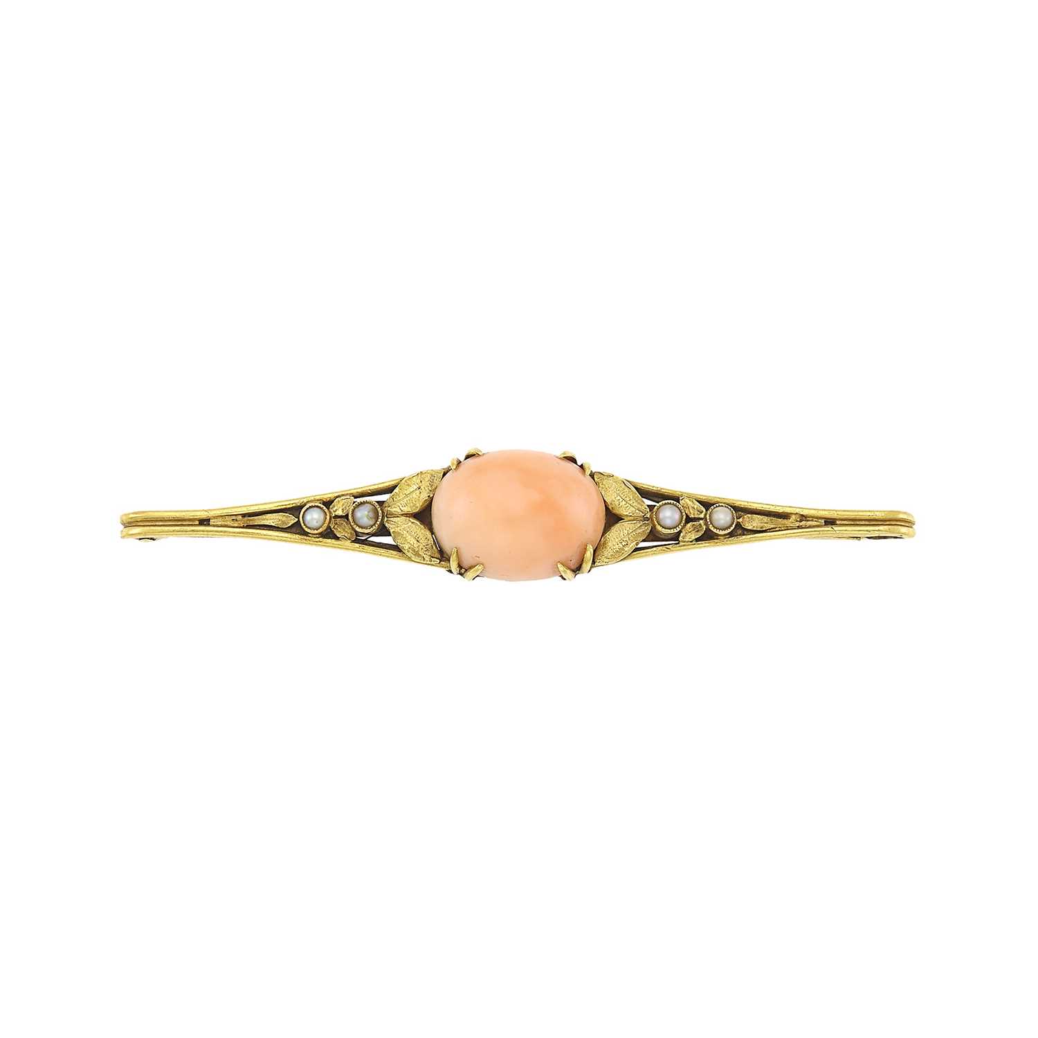 Lot 1188 - Antique Gold, Angel Skin Coral and Split Pearl Bar Brooch