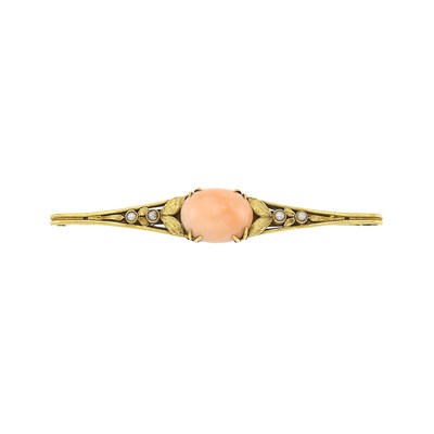 Lot 1188 - Antique Gold, Angel Skin Coral and Split Pearl Bar Brooch