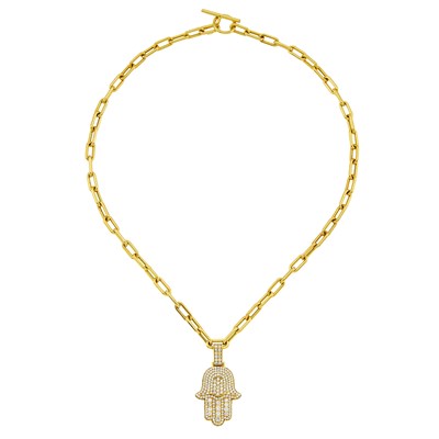 Lot 1235 - Gold and Diamond Hamsa Pendant with Oval Link Chain Necklace