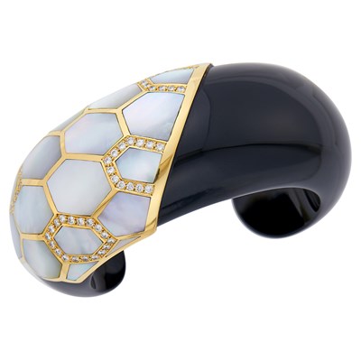 Lot 26 - Gold, Black Onyx, Mother of Pearl and Diamond Cuff Bangle Bracelet