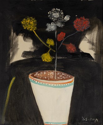 Lot 629 - An original Harold Arlen painting depicting a floral still life on a black background