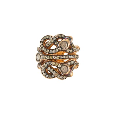 Lot 1160 - Sylva & Cie Wide Rose Gold, Diamond and Colored Diamond Serpent Ring