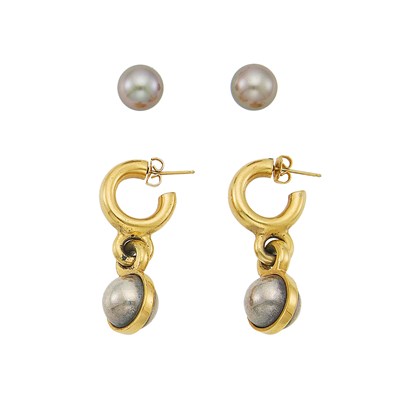 Lot 1261 - Pair of Silver-Gilt and Silver Ball Pendant-Earrings and Pair of Tahitian Cultured Pearl Stud Earrings