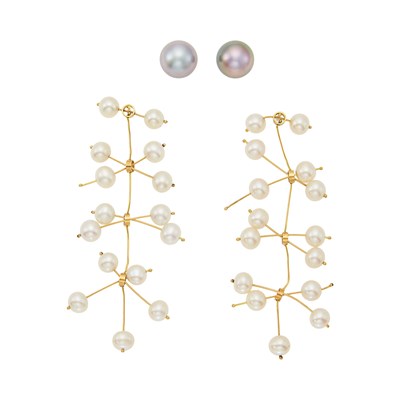 Lot 1135 - Pair of Gold and Freshwater Pearl Mobile Pendant-Earrings and Gray Tahitian Cultured Pearl Stud Earrings