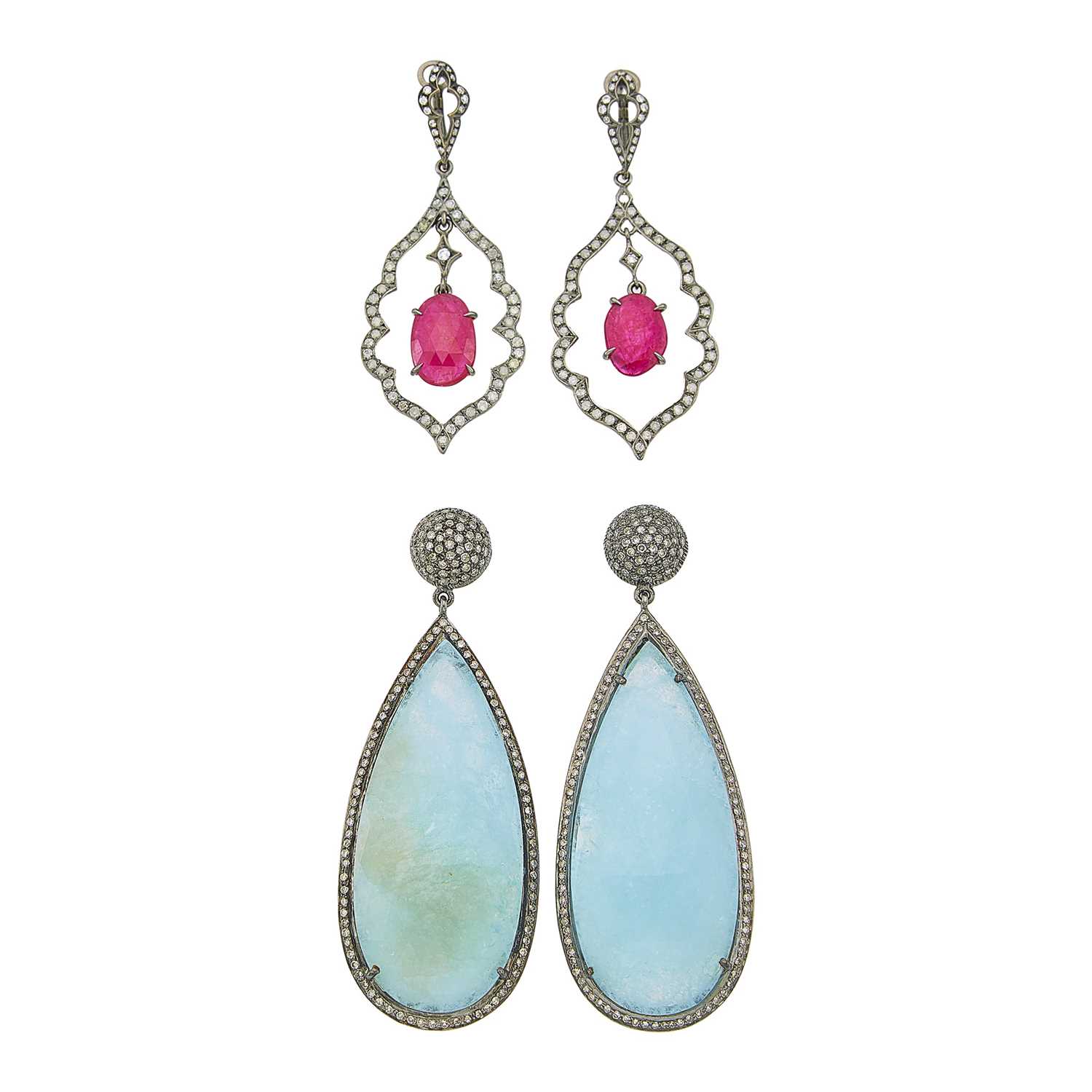 Lot 1115 - Pair of Blackened White Gold, Ruby and Diamond Pendant-Earrings and Blackened Silver, Aquamarine and Diamond Pendant-Earrings