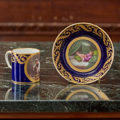 Lot 499 - SEVRES PORCELAIN (LATER-DECORATED) COBALT-BLUE GROUND CUP AND SAUCER (GOBELET LITRON)
