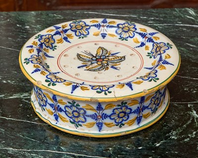 Lot 454 - FRENCH (MONTPELLIER) FAIENCE CHEESE STRAINER AND BASIN