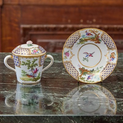 Lot 534 - SEVRES PORCELAIN (LATER DECORATED) TWO-HANDLED CUP, COVER AND STAND (GOBELET A LAIT)