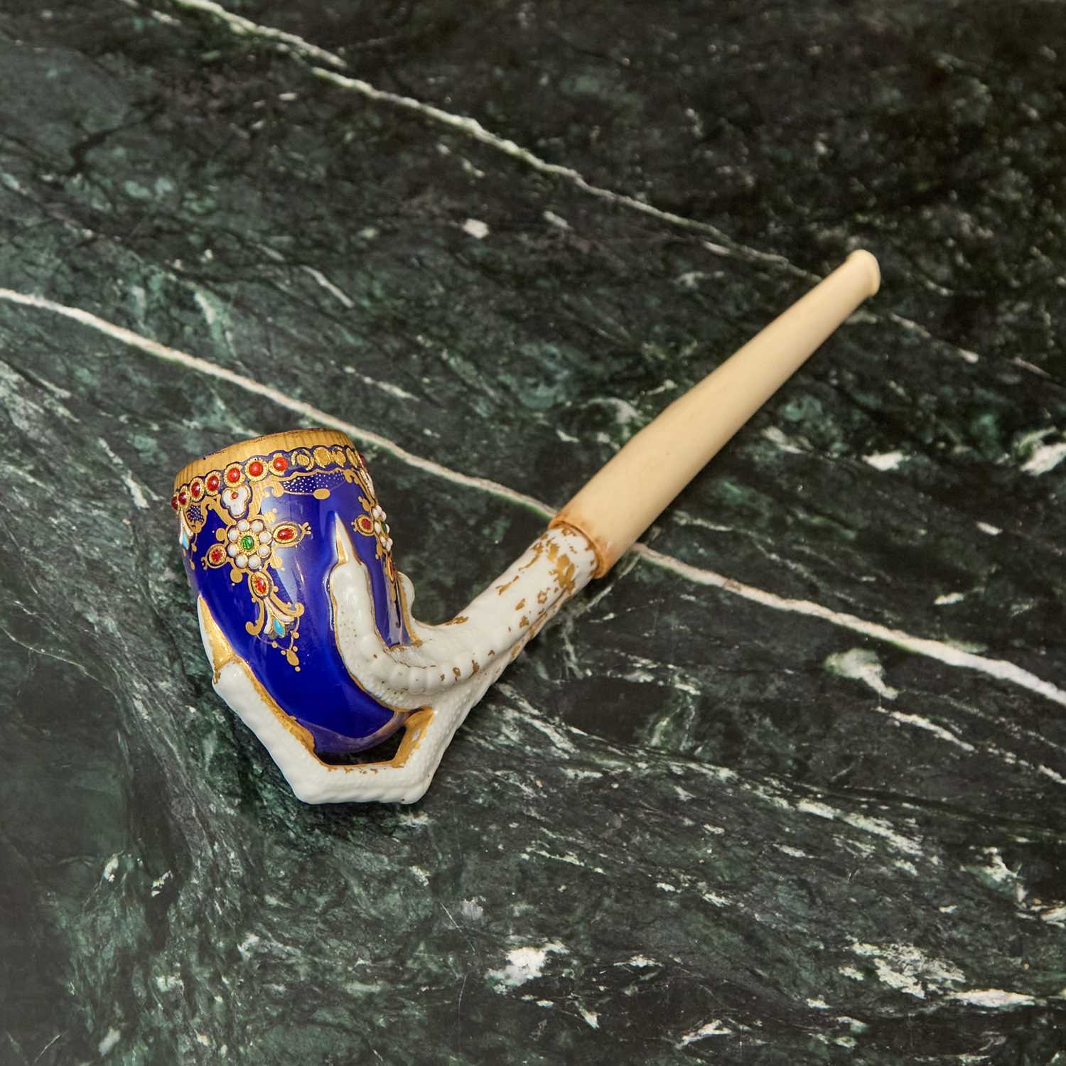 Lot 544 - SEVRES STYLE PORCELAIN COBALT-BLUE GROUND ‘JEWELLED’ PIPE BOWL