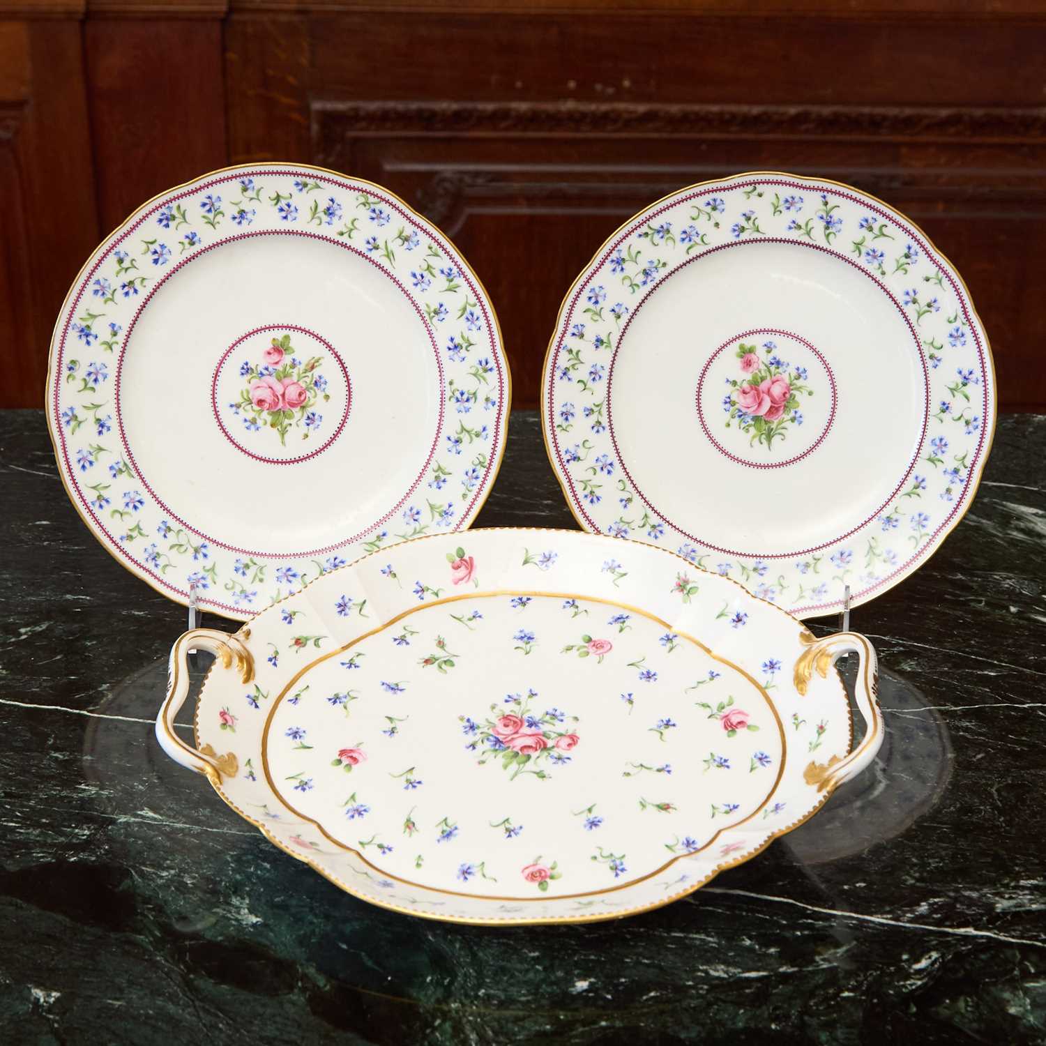 Lot 511 - TWO SEVRES PORCELAIN PLATES (ASSIETTE UNIE) AND A TWO-HANDLED TRAY (PLATEAU HEBERT A ANSES)