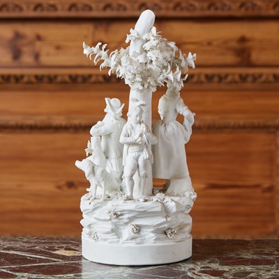 Lot 522 - PARIS (LOCRE) BISCUIT PORCELAIN FIGURE GROUP OF A HUNTER AND COMPANIONS