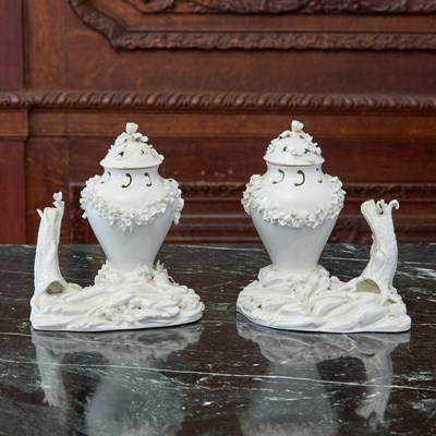 Lot 458 - PAIR OF MENNECY WHITE PORCELAIN POT-POURRI VASES AND COVERS