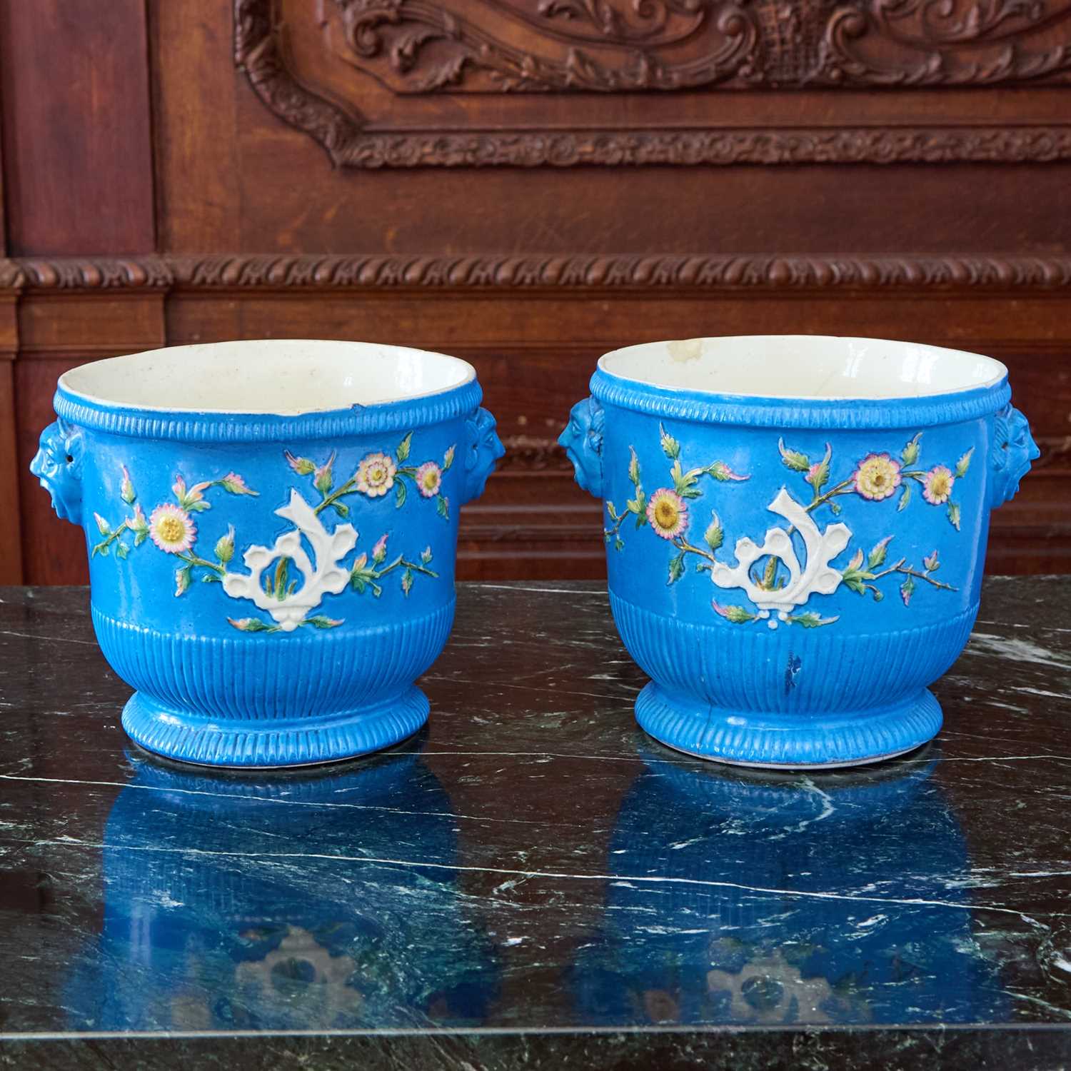 Lot 404 - Pair of Saint Cloud (Later Decorated) Turquoise-Blue Ground bottle Coolers (Seaux a Bouteilles)