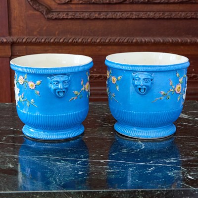 Lot 404 - Pair of Saint Cloud (Later Decorated) Turquoise-Blue Ground bottle Coolers (Seaux a Bouteilles)