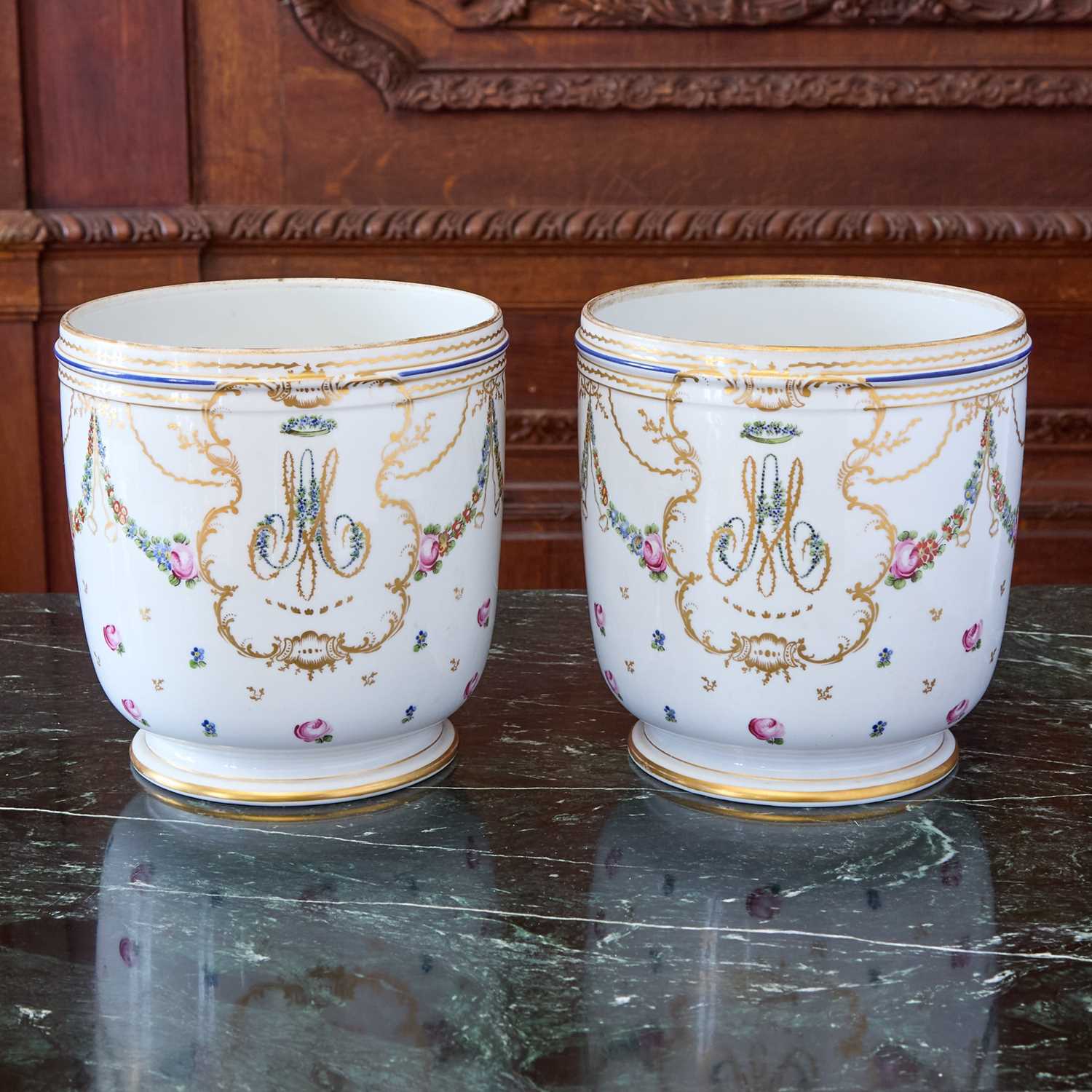 Lot 458 - Pair of Paris Porcelain Monogrammed Bottle Coolers (Seaux a Bouteilles)