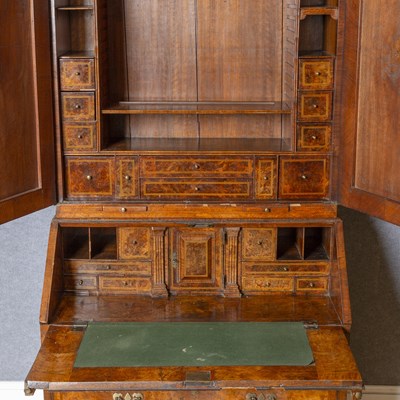 Lot 696 - George II Walnut and Figured Walnut Bureau Cabinet