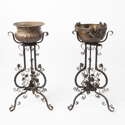 Lot 147 - Pair of Rococo Style Wrought Iron Pedestal Plant Stands