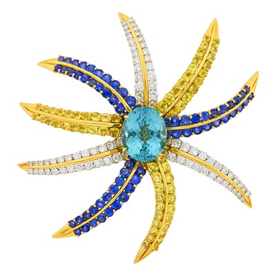 Lot 84 - Tiffany & Co. Two-Color Gold, Blue-Green Tourmaline, Sapphire, Yellow Sapphire and Diamond 'Fireworks' Brooch