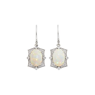 Lot 1069 - Pair of White Gold, Opal and Diamond Pendant-Earrings