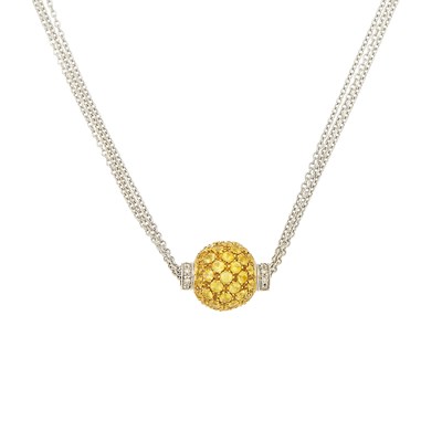 Lot 1081 - Triple Strand Two-Color Gold, Yellow Sapphire and Diamond Ball Pendant-Necklace