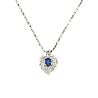 Lot 1108 - White Gold, Sapphire and Diamond Heart Pendant with Chain Necklace