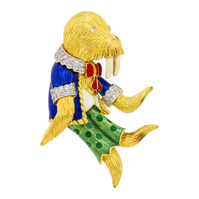 Lot 129 - Two-Color Gold, Enamel and Diamond Walrus Clip-Brooch