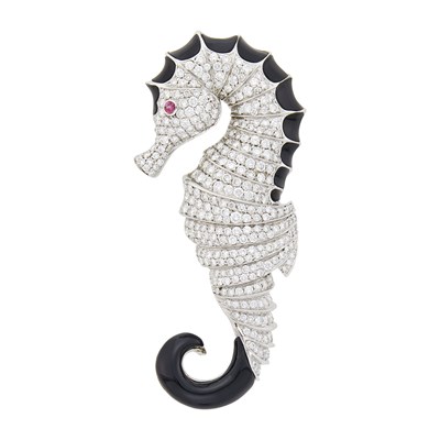 Lot 74 - White Gold, Diamond, Black Onyx and Ruby Seahorse Clip-Brooch