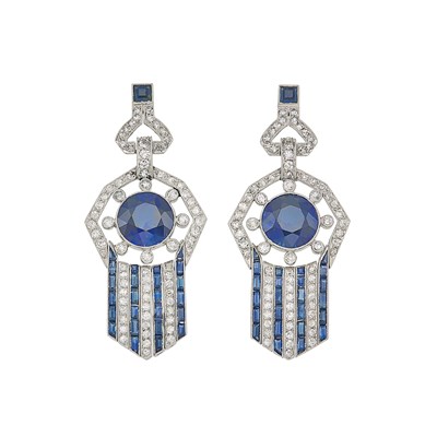 Lot 1154 - Platinum, Synthetic Sapphire and Diamond Pendant-Earrings