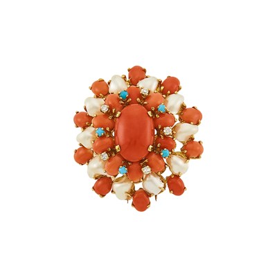 Lot 1023 - Gold, Coral, Baroque Freshwater Pearl, Turquoise and Diamond Clip-Brooch